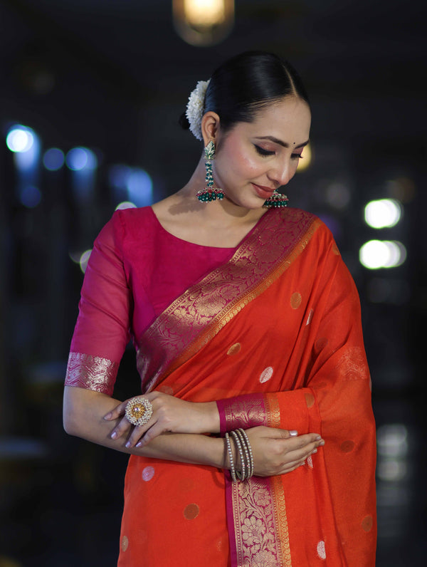 Banarasee Semi Chiffon Saree With Zari Buti Design & Contrast Border-Coral Red & Magenta