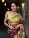 Banarasee Organza Mix Saree With Zari & Resham Work & Contrast Border-Burgundy & Yellow