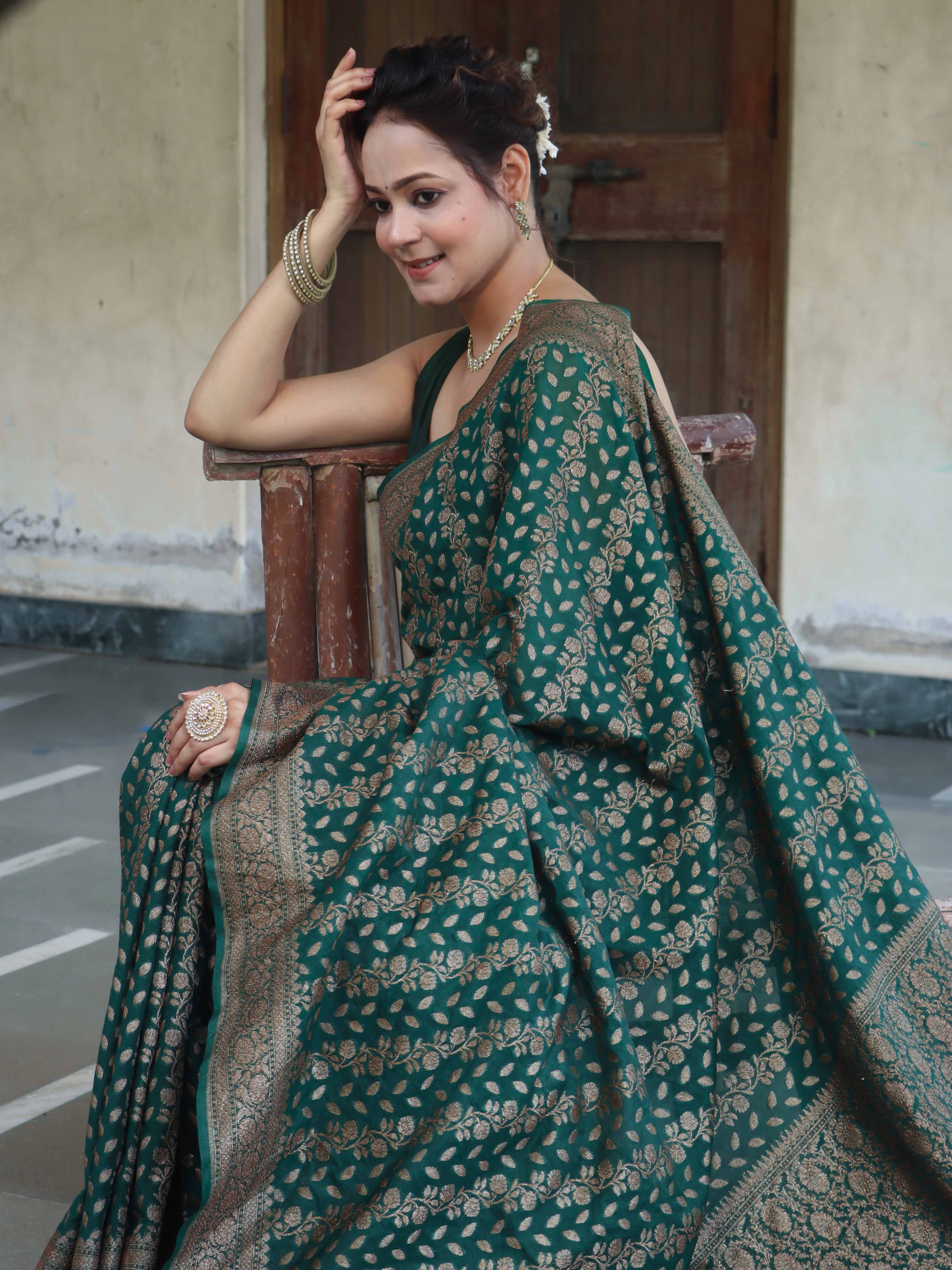 Banarasee Semi-Chiffon Antique Zari Saree With Floral Border-Deep Green