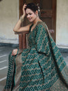 Banarasee Semi-Chiffon Antique Zari Saree With Floral Border-Deep Green