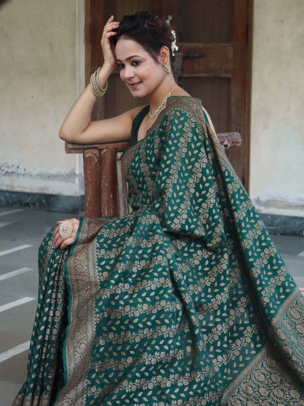 Banarasee Semi-Chiffon Antique Zari Saree With Floral Border-Deep Green