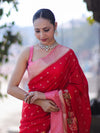 Banarasee Handloom Dupion Silk Saree With Zari Buti Design & Contrast Border-Red & Light Pink
