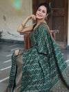 Banarasee Semi-Chiffon Antique Zari Saree With Floral Border-Deep Green