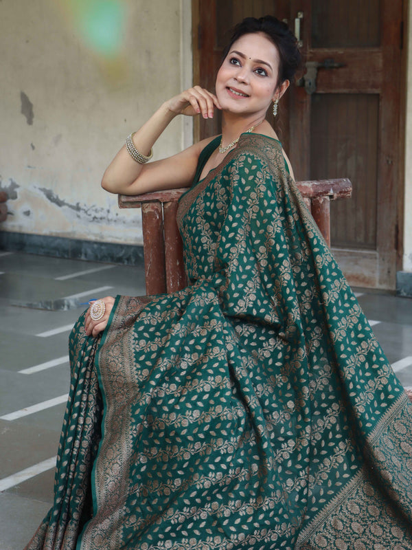 Banarasee Semi-Chiffon Antique Zari Saree With Floral Border-Deep Green