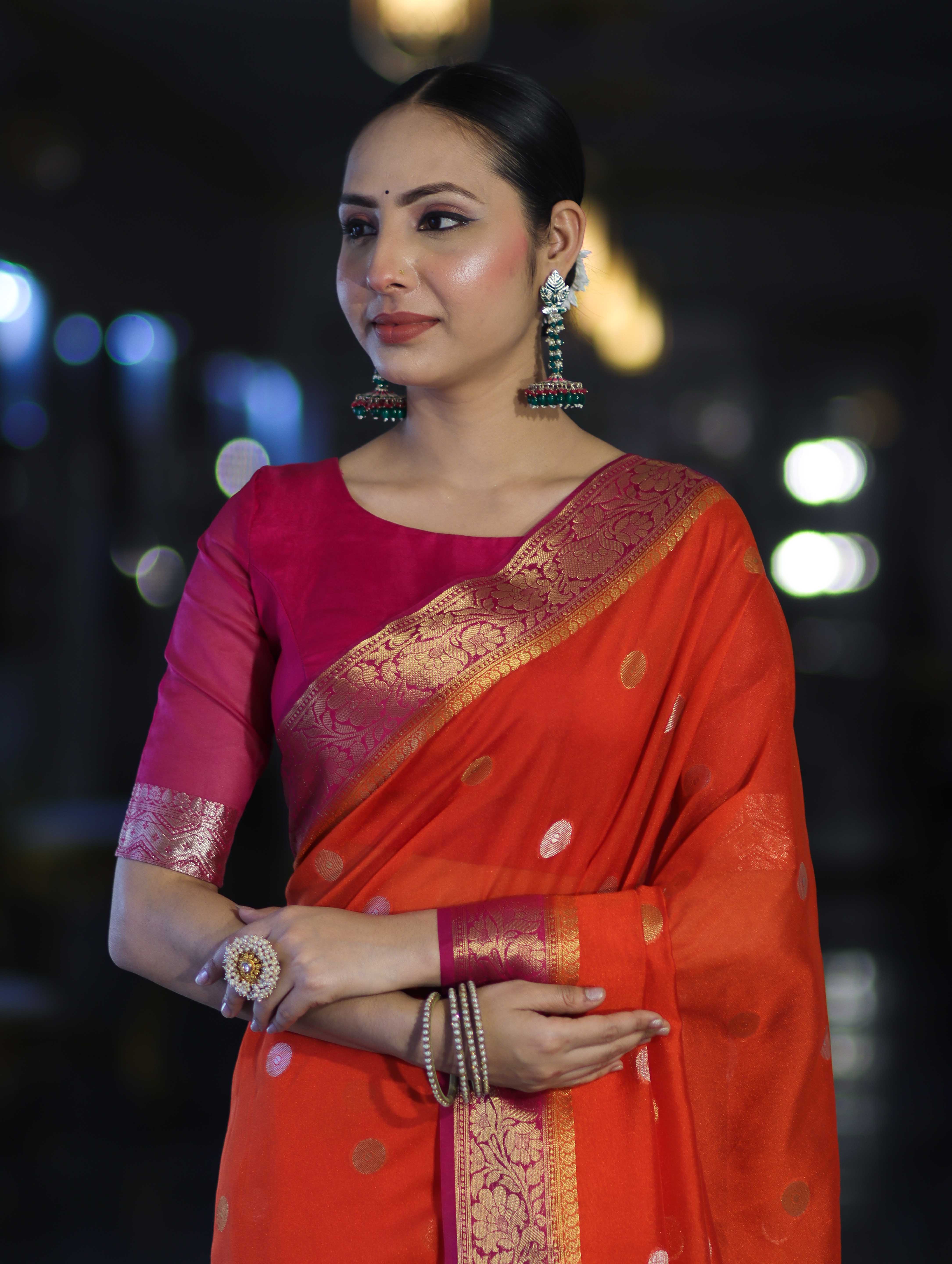 Banarasee Semi Chiffon Saree With Zari Buti Design & Contrast Border-Coral Red & Magenta