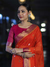 Banarasee Semi Chiffon Saree With Zari Buti Design & Contrast Border-Coral Red & Magenta