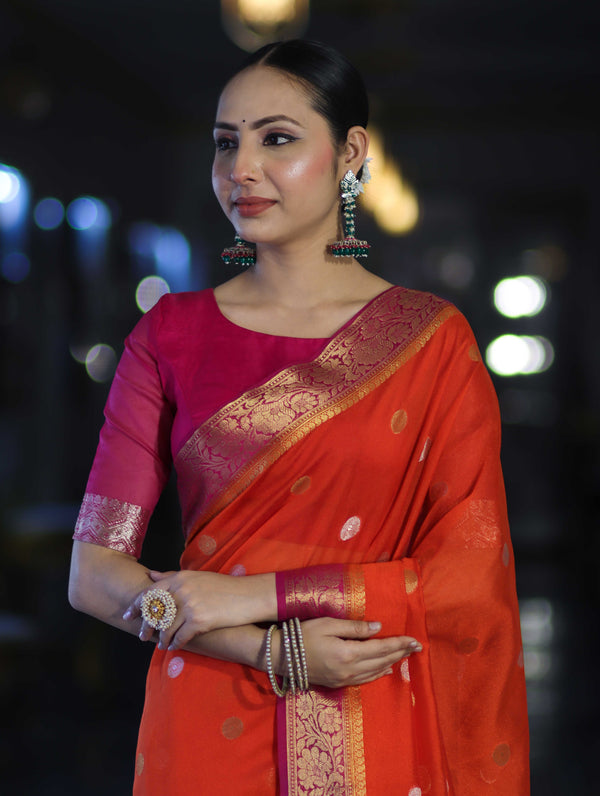 Banarasee Semi Chiffon Saree With Zari Buti Design & Contrast Border-Coral Red & Magenta