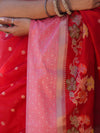 Banarasee Handloom Dupion Silk Saree With Zari Buti Design & Contrast Border-Red & Light Pink
