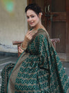 Banarasee Semi-Chiffon Antique Zari Saree With Floral Border-Deep Green