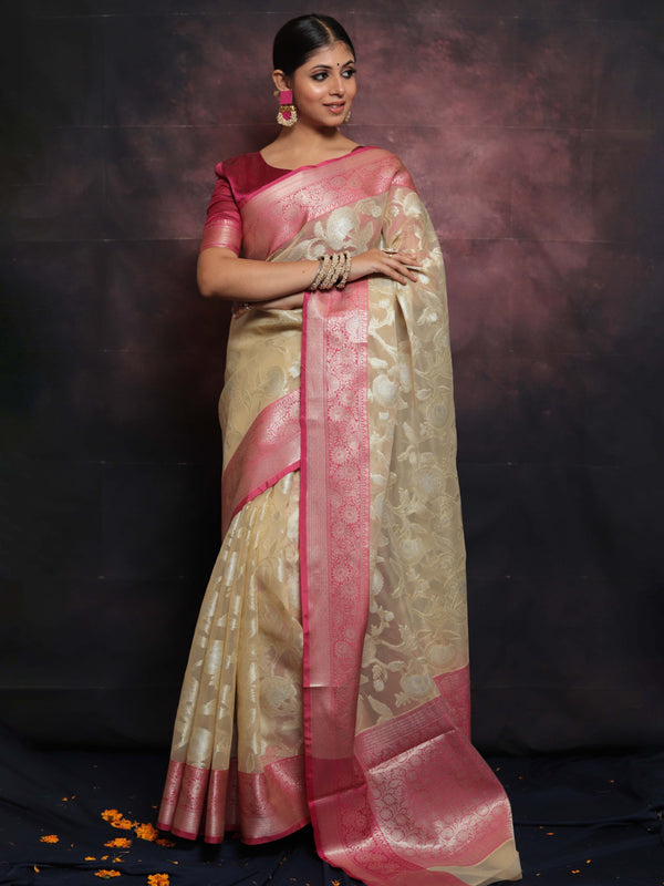 Banarasee Organza Mix Saree With Jaal Design & Floral Border-Beige