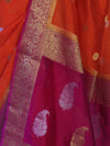 Banarasee Semi Chiffon Saree With Zari Buti Design & Contrast Border-Coral Red & Magenta