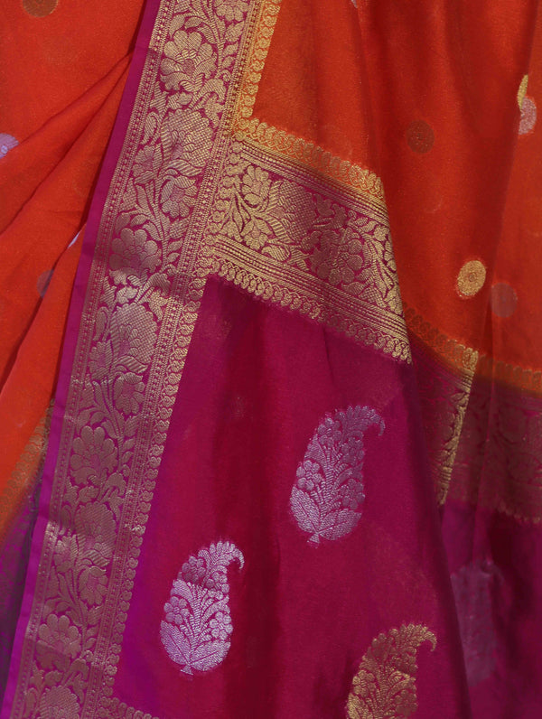 Banarasee Semi Chiffon Saree With Zari Buti Design & Contrast Border-Coral Red & Magenta
