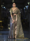 Banarasee Handloom Tissue Saree With Zari Thread Floral Embroidery & Border-Sage Green (Purple Tone)