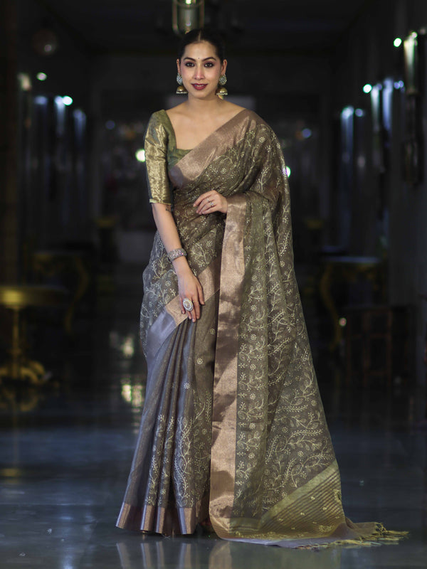 Banarasee Handloom Tissue Saree With Zari Thread Floral Embroidery & Border-Sage Green (Purple Tone)