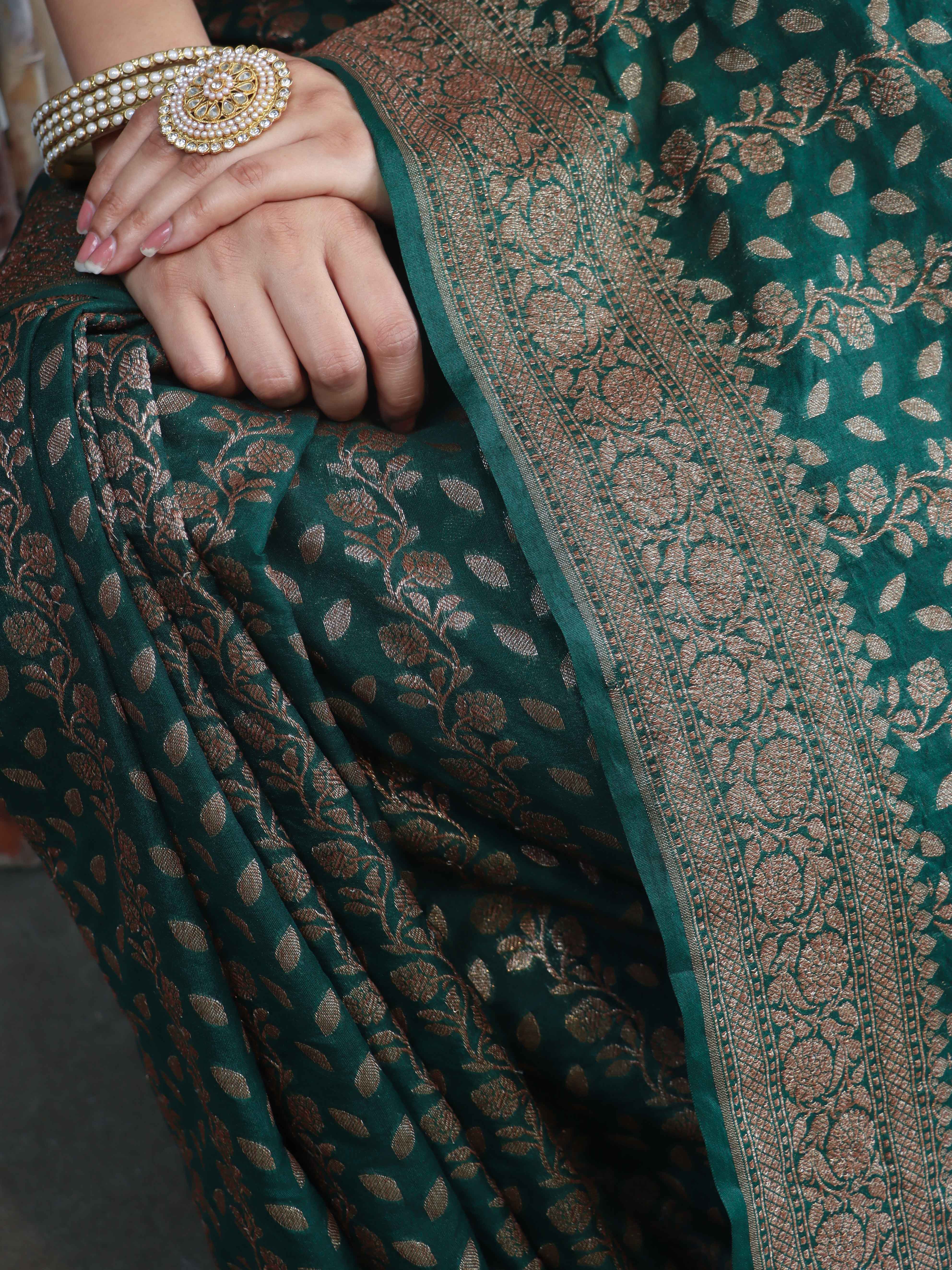 Banarasee Semi-Chiffon Antique Zari Saree With Floral Border-Deep Green