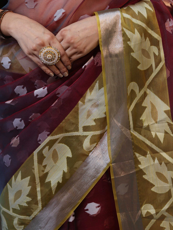 Banarasee Organza Mix Saree With Zari & Resham Work & Contrast Border-Burgundy & Yellow