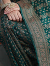 Banarasee Semi-Chiffon Antique Zari Saree With Floral Border-Deep Green
