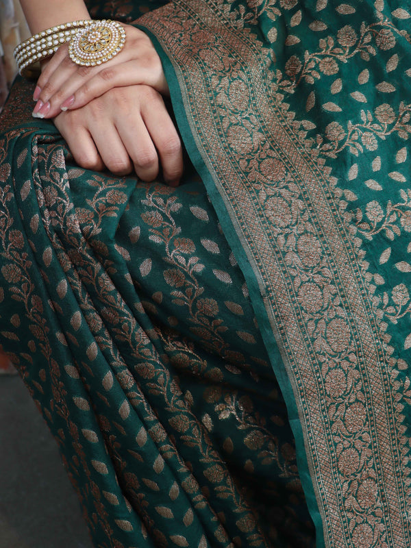 Banarasee Semi-Chiffon Antique Zari Saree With Floral Border-Deep Green