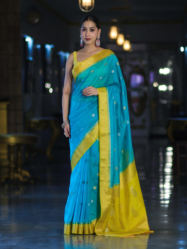 Banarasee Semi Chiffon Saree With Zari Buti Design & Contrast Border-Sky Blue & Yellow