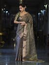 Banarasee Handloom Tissue Saree With Zari Thread Floral Embroidery & Border-Sage Green (Purple Tone)