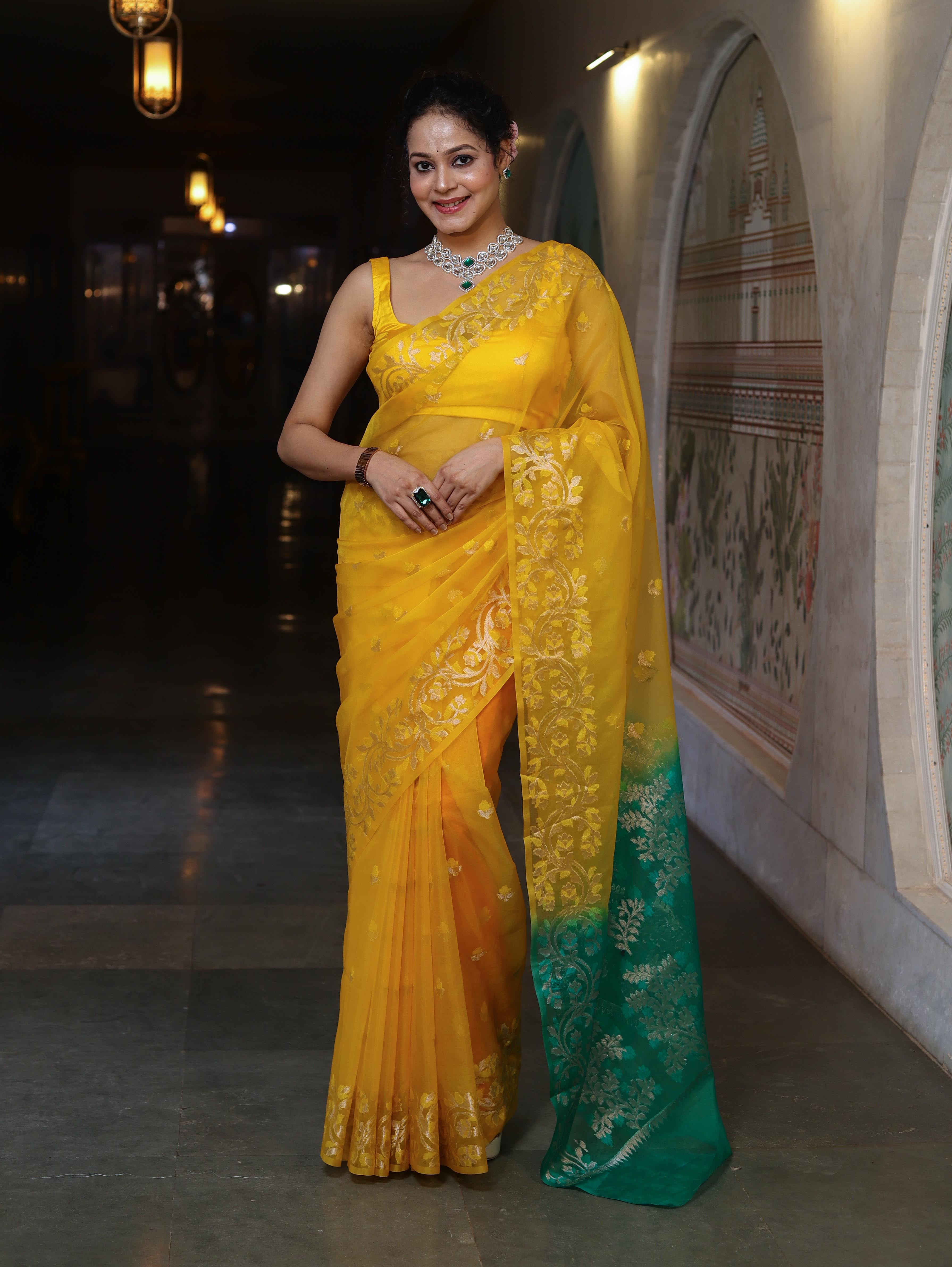 Banarasee Dual Color Organza Mix Saree With Zari & Resham Work-Yellow & Green