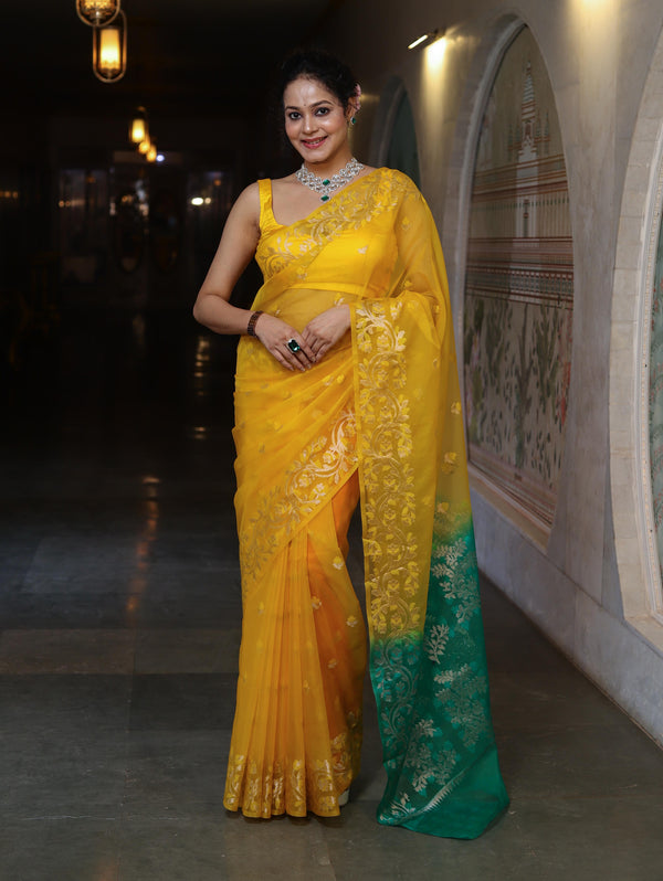 Banarasee Dual Color Organza Mix Saree With Zari & Resham Work-Yellow & Green