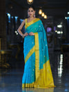 Banarasee Semi Chiffon Saree With Zari Buti Design & Contrast Border-Sky Blue & Yellow