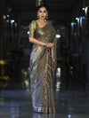 Banarasee Handloom Tissue Saree With Zari Thread Floral Embroidery & Border-Sage Green (Purple Tone)