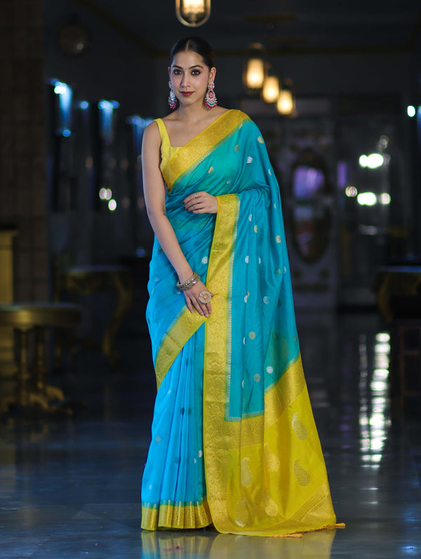 Banarasee Semi Chiffon Saree With Zari Buti Design & Contrast Border-Sky Blue & Yellow
