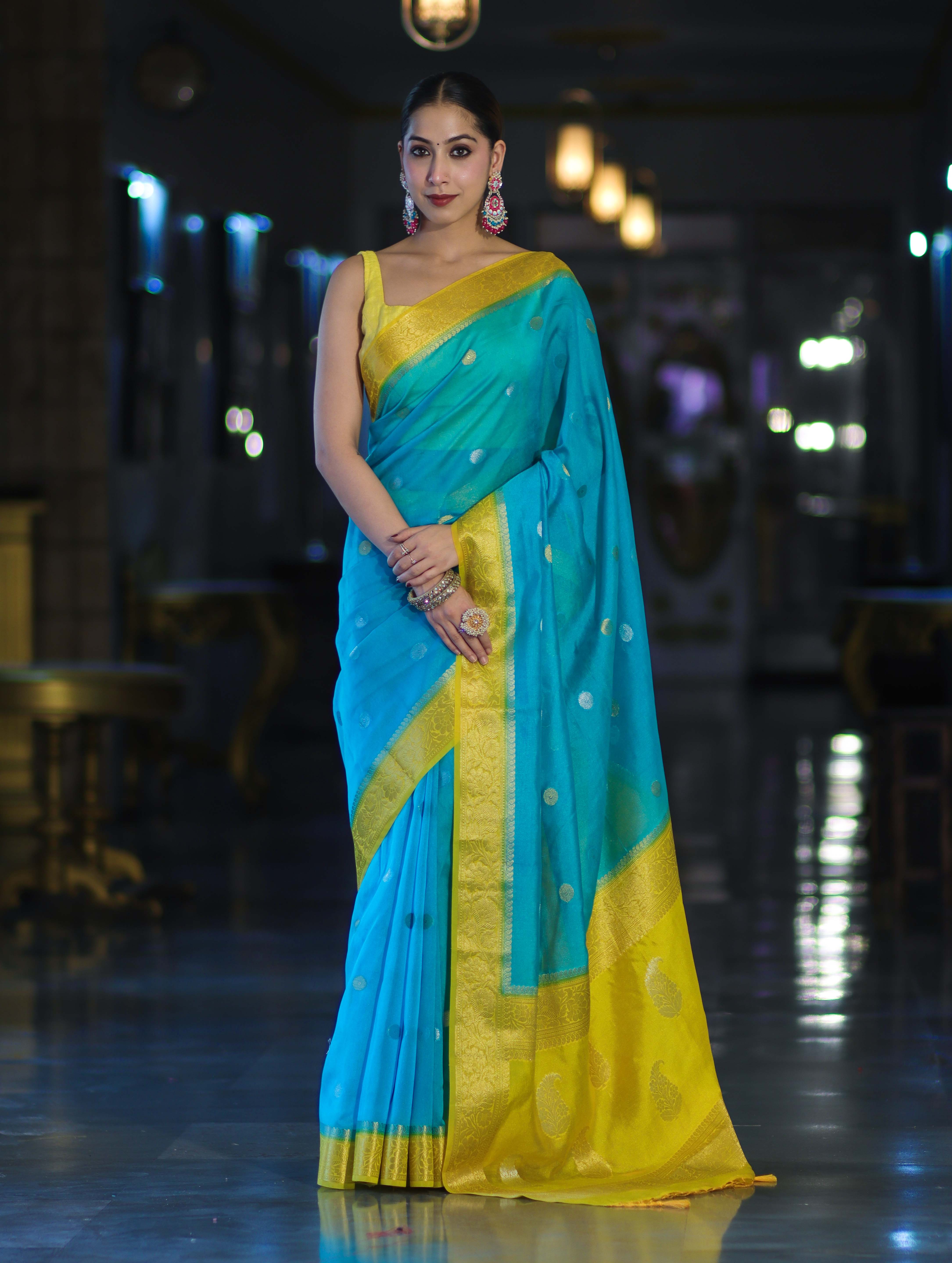 Banarasee Semi Chiffon Saree With Zari Buti Design & Contrast Border-Sky Blue & Yellow