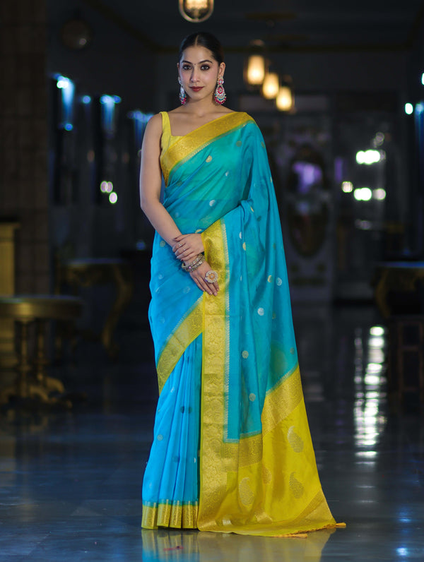 Banarasee Semi Chiffon Saree With Zari Buti Design & Contrast Border-Sky Blue & Yellow