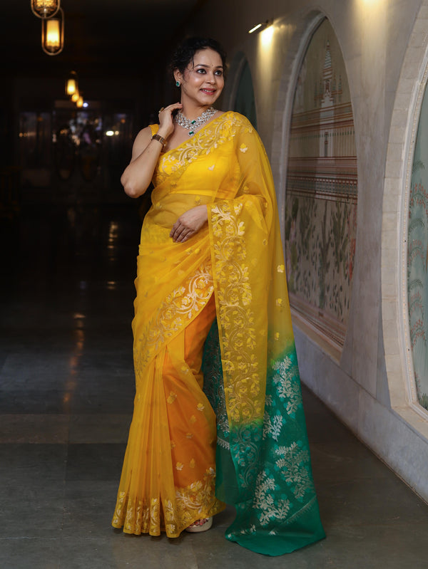 Banarasee Dual Color Organza Mix Saree With Zari & Resham Work-Yellow & Green