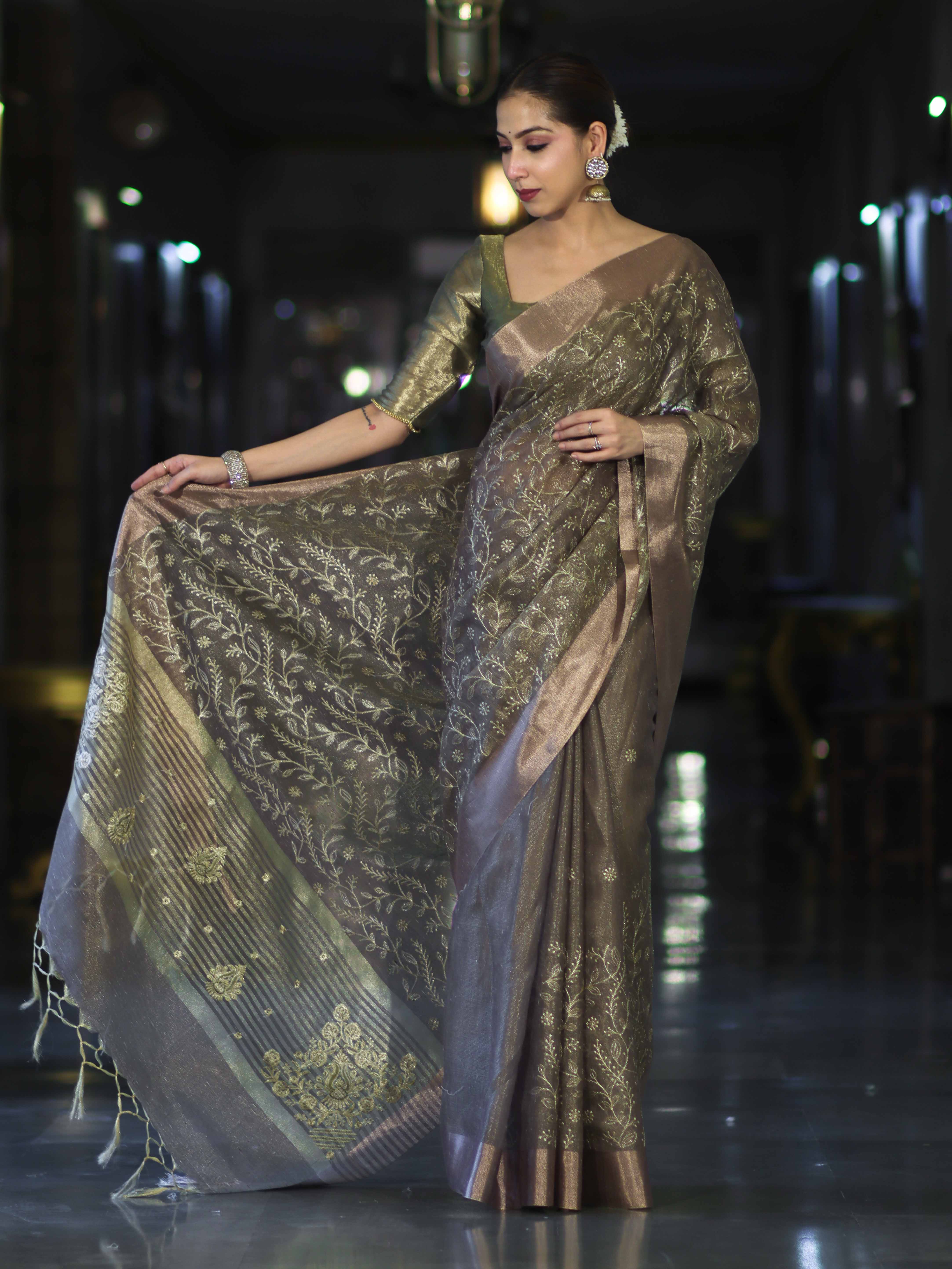 Banarasee Handloom Tissue Saree With Zari Thread Floral Embroidery & Border-Sage Green (Purple Tone)