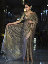 Banarasee Handloom Tissue Saree With Zari Thread Floral Embroidery & Border-Sage Green (Purple Tone)