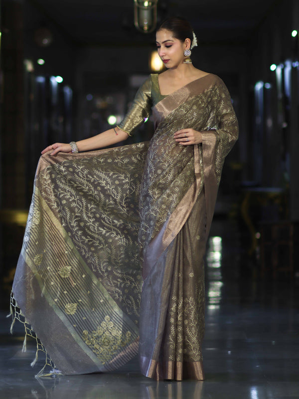 Banarasee Handloom Tissue Saree With Zari Thread Floral Embroidery & Border-Sage Green (Purple Tone)