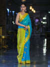 Banarasee Semi Chiffon Saree With Zari Buti Design & Contrast Border-Sky Blue & Yellow