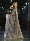 Banarasee Handloom Tissue Saree With Zari Thread Floral Embroidery & Border-Sage Green (Purple Tone)