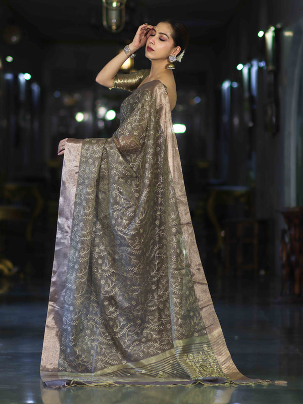 Banarasee Handloom Tissue Saree With Zari Thread Floral Embroidery & Border-Sage Green (Purple Tone)