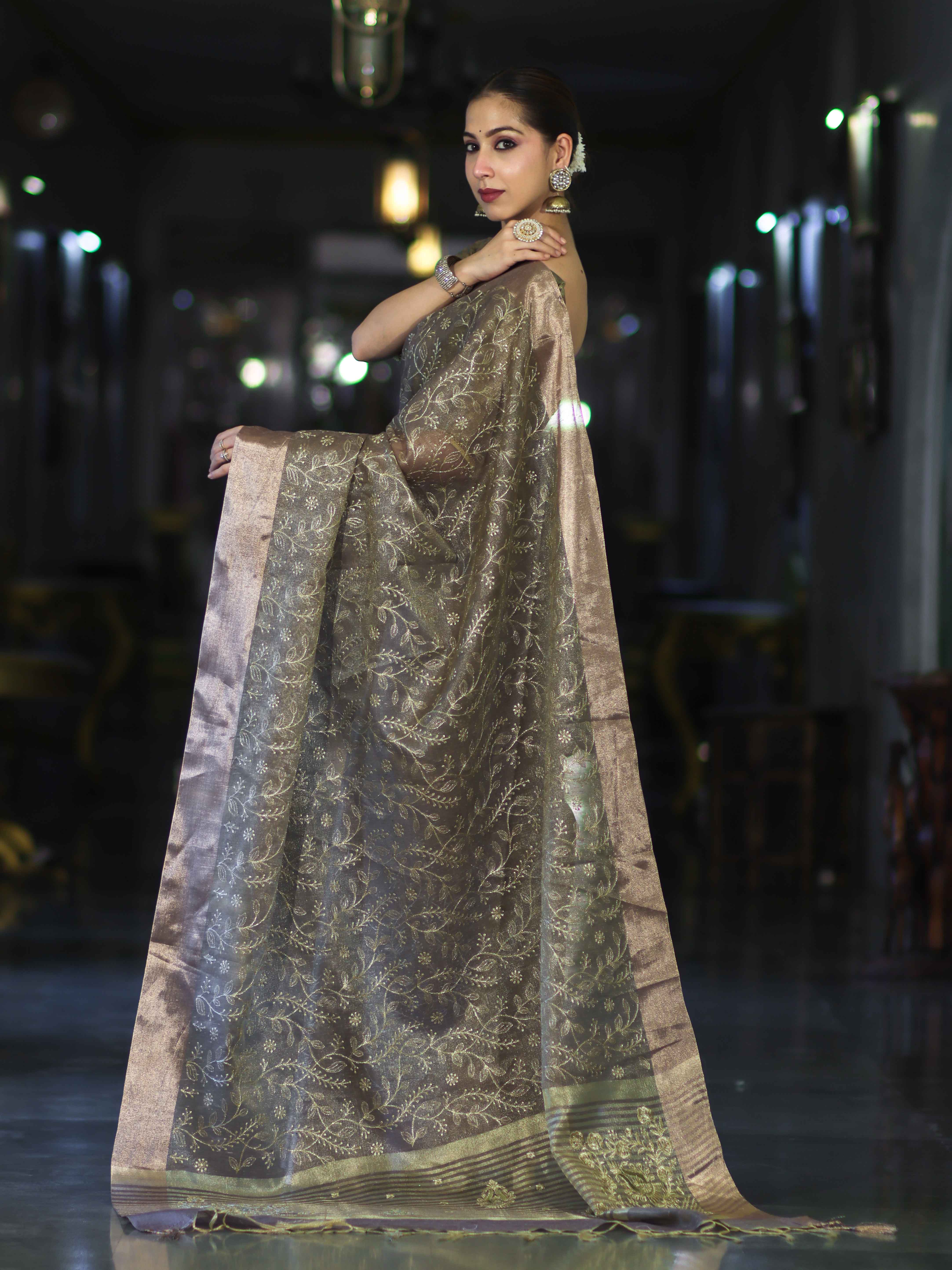 Banarasee Handloom Tissue Saree With Zari Thread Floral Embroidery & Border-Sage Green (Purple Tone)