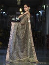 Banarasee Handloom Tissue Saree With Zari Thread Floral Embroidery & Border-Sage Green (Purple Tone)