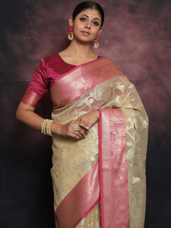 Banarasee Organza Mix Saree With Jaal Design & Floral Border-Beige