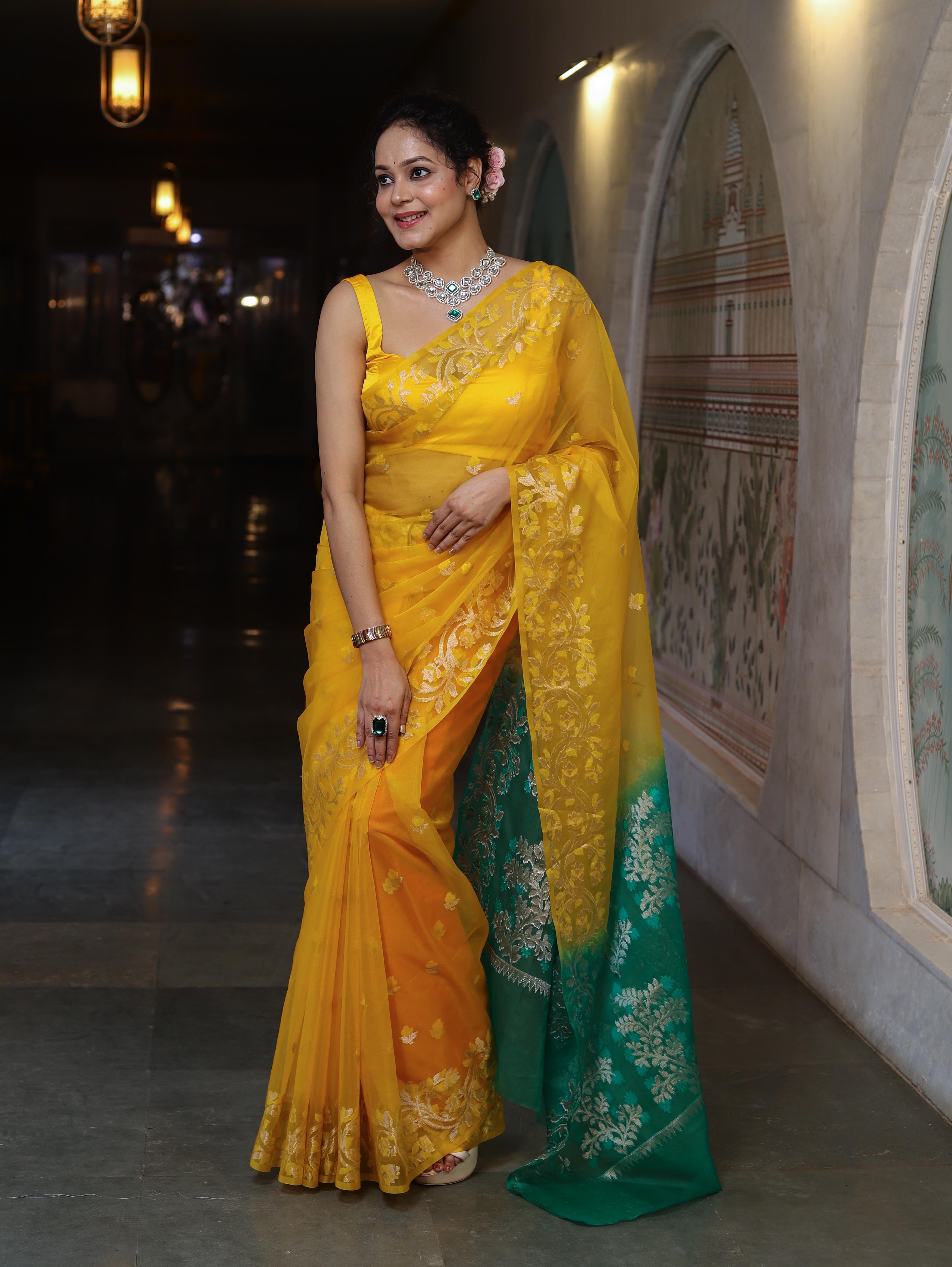 Banarasee Dual Color Organza Mix Saree With Zari & Resham Work-Yellow & Green