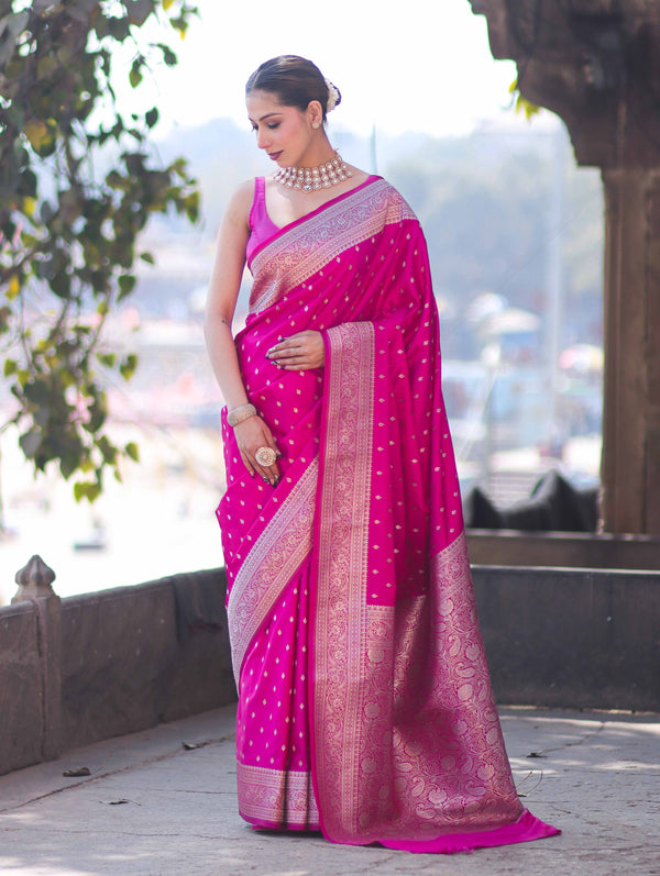 Banarasee Handloom Semi Katan Saree With Zari Buti Design & Border-Pink