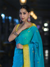 Banarasee Semi Chiffon Saree With Zari Buti Design & Contrast Border-Sky Blue & Yellow