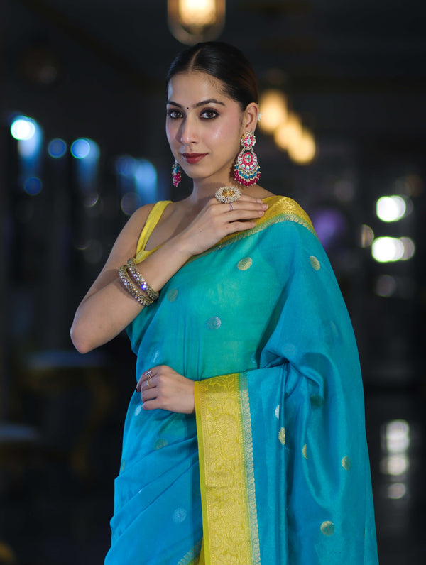 Banarasee Semi Chiffon Saree With Zari Buti Design & Contrast Border-Sky Blue & Yellow