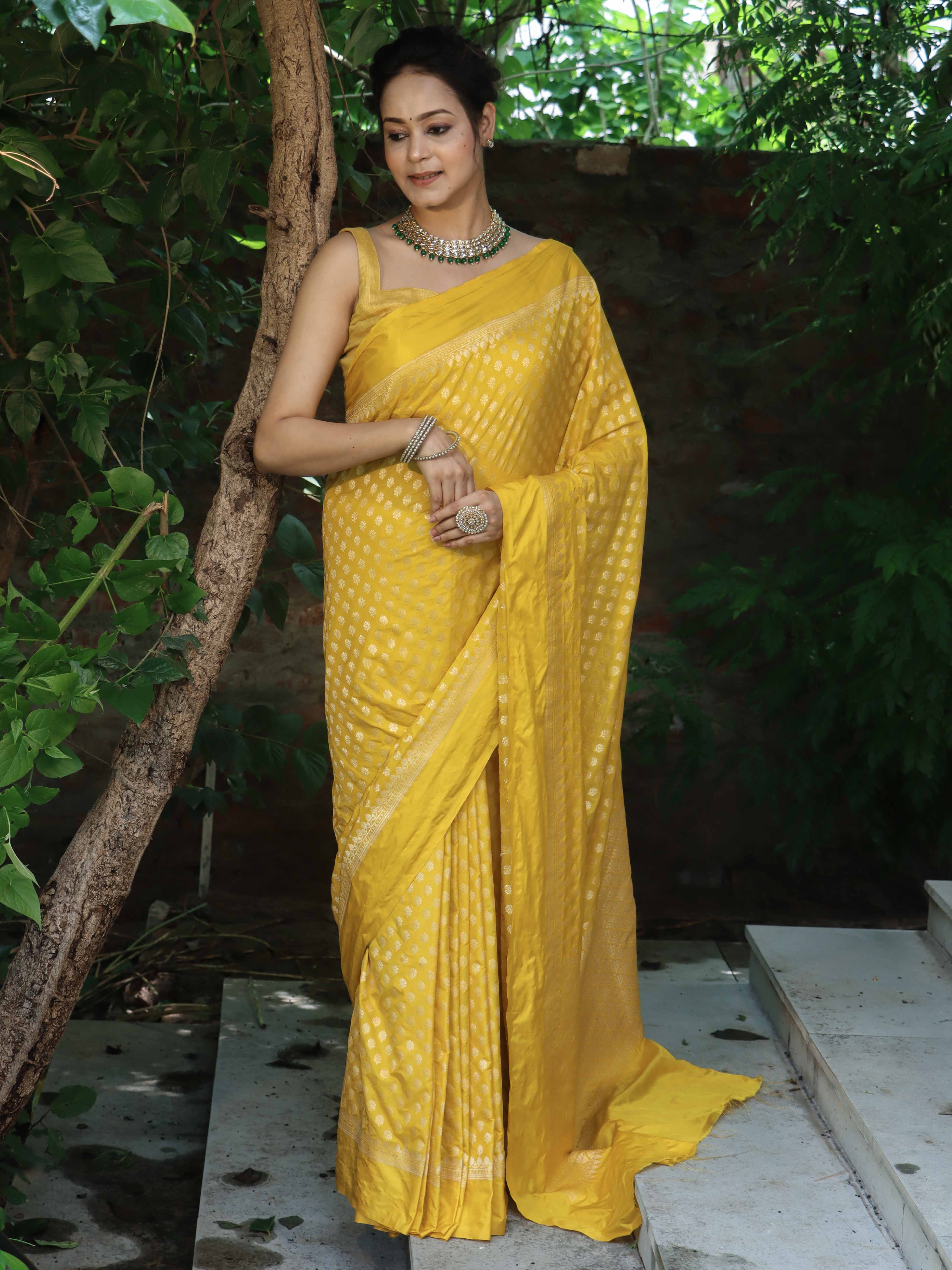 Banarasee Handwoven Semi Katan Saree Zari Buta Design With Plain Border-Yellow