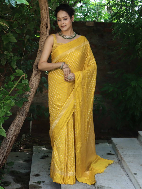 Banarasee Handwoven Semi Katan Saree Zari Buta Design With Plain Border-Yellow