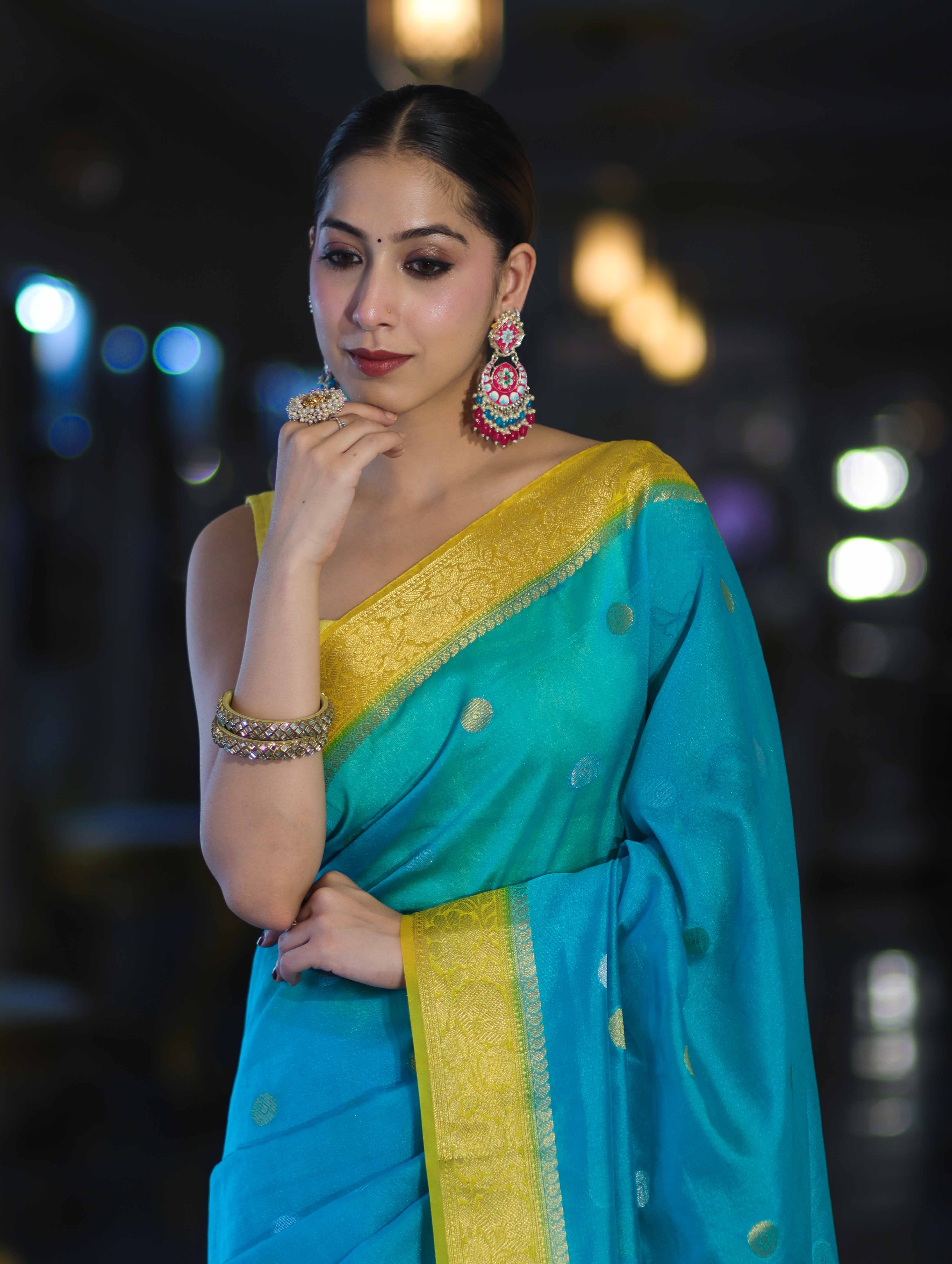 Banarasee Semi Chiffon Saree With Zari Buti Design & Contrast Border-Sky Blue & Yellow