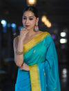 Banarasee Semi Chiffon Saree With Zari Buti Design & Contrast Border-Sky Blue & Yellow