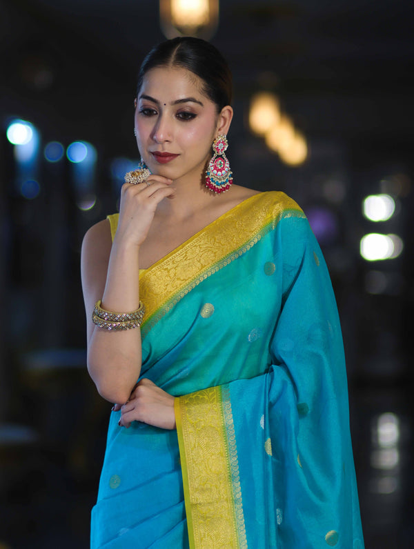 Banarasee Semi Chiffon Saree With Zari Buti Design & Contrast Border-Sky Blue & Yellow